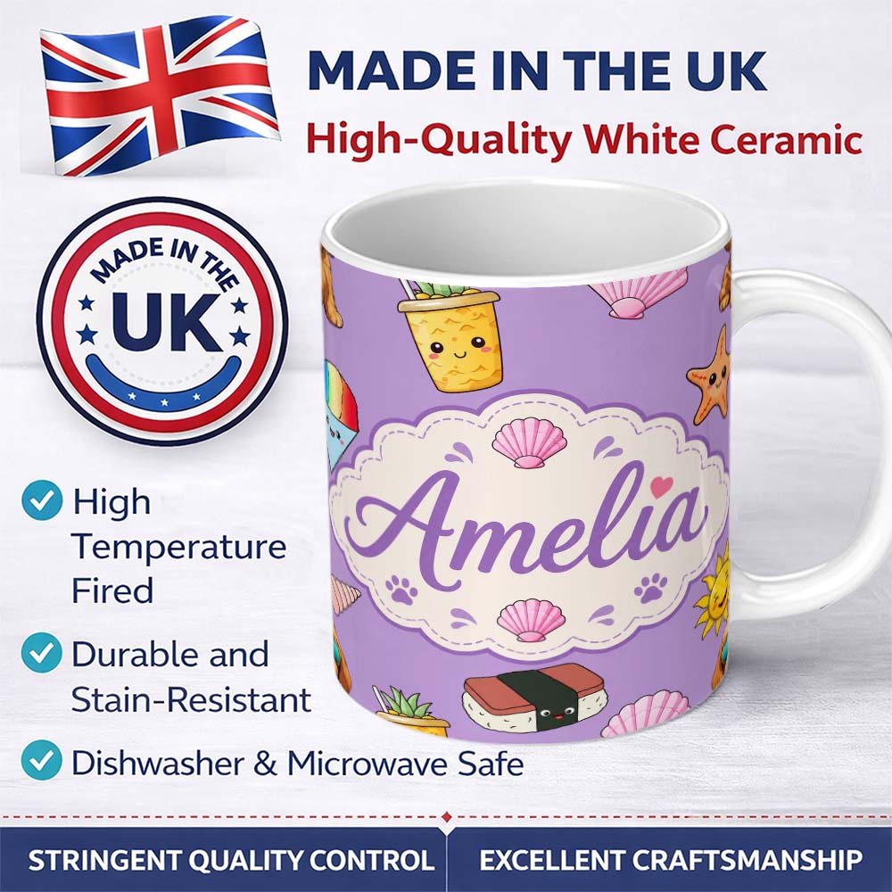 Personalized Custom Name Summer Chihuahua Dog Sunglasses Kawaii Beach Purple Seamless 11oz Ceramic Coffee Tea Mug White Large Handle