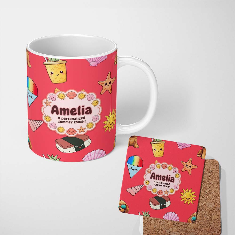 Personalized Custom Name Summer Chihuahua Dog Sunglasses Kawaii Beach Red Seamless Pattern 11oz Ceramic Coffee Tea Mug White Large Handle