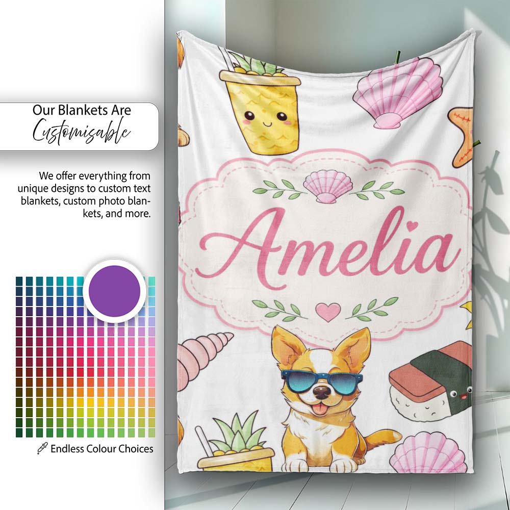 Summer Chihuahua Dog Sunglasses Kawaii Beach Grey Seamless Pattern Personalised Custom Name Super Soft Fleece Blanket Bed Sofa Throw
