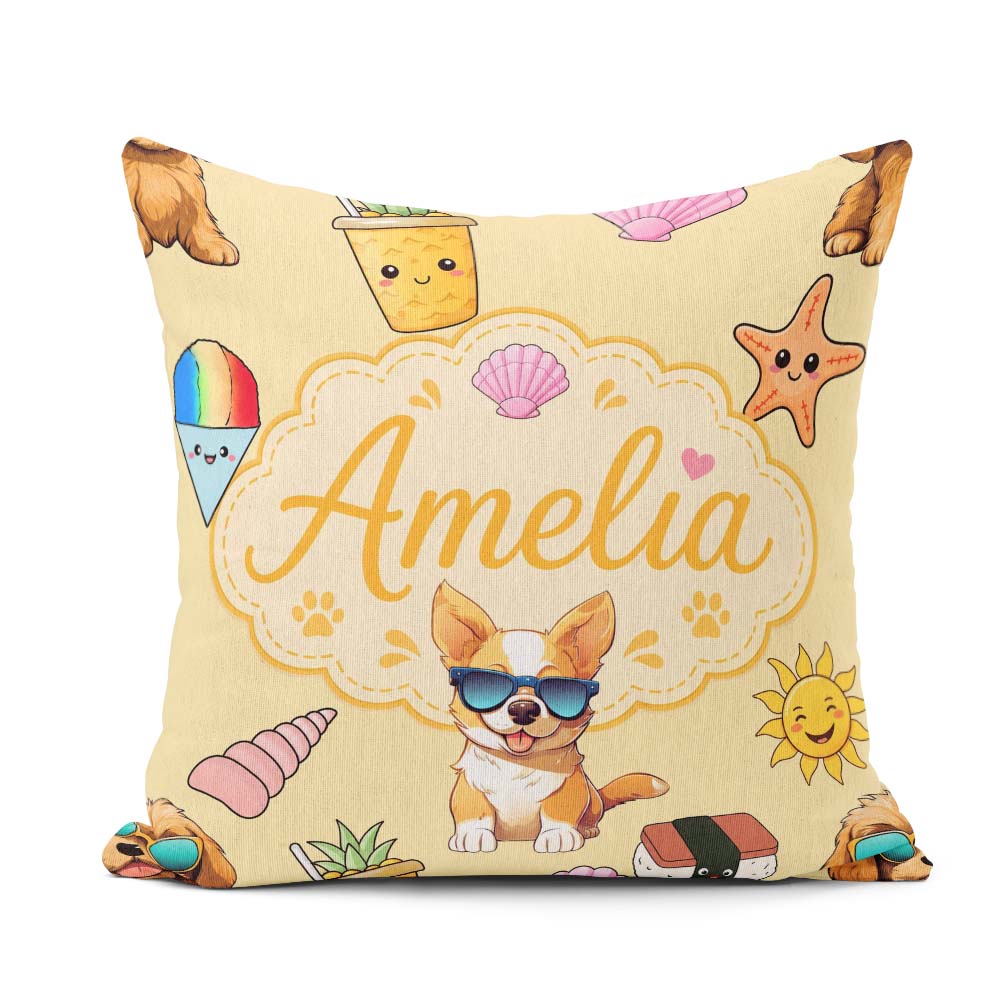 Custom Name Summer Chihuahua Dog Sunglasses Beach Beige Seamless Square Filled Cushion Throw Pillow Sofa Bed Home Decor Zip Washable UK Made