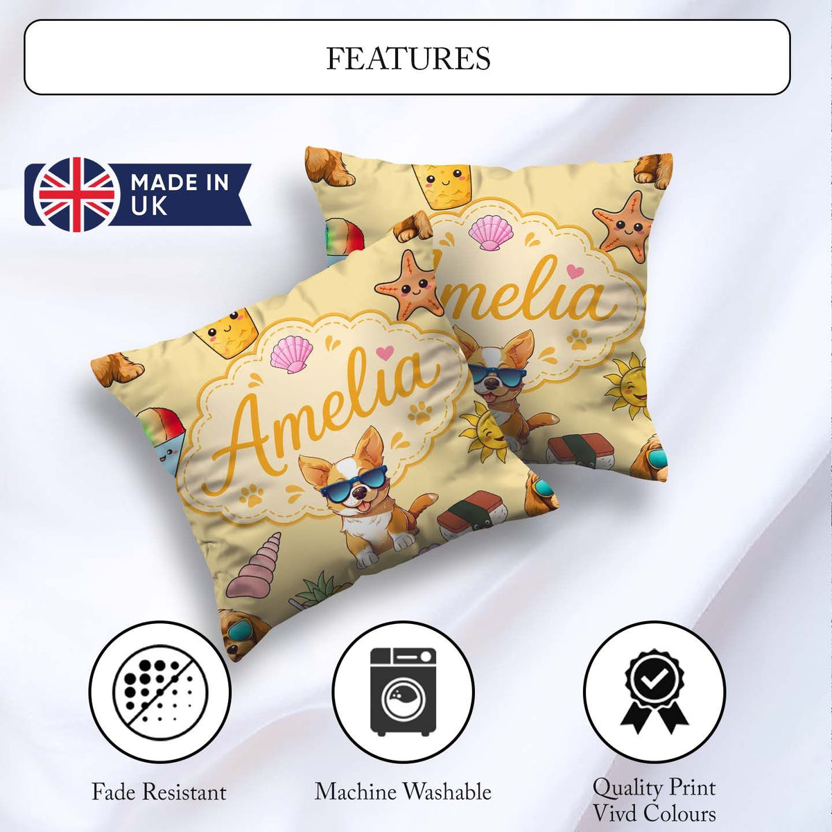 Custom Name Summer Chihuahua Dog Sunglasses Beach Beige Seamless Square Filled Cushion Throw Pillow Sofa Bed Home Decor Zip Washable UK Made