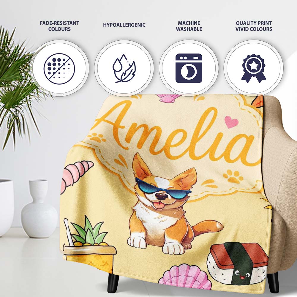 Summer Chihuahua Dog Sunglasses Kawaii Beach Beige Seamless Pattern Personalised Custom Name Super Soft Fleece Blanket Bed Sofa Throw