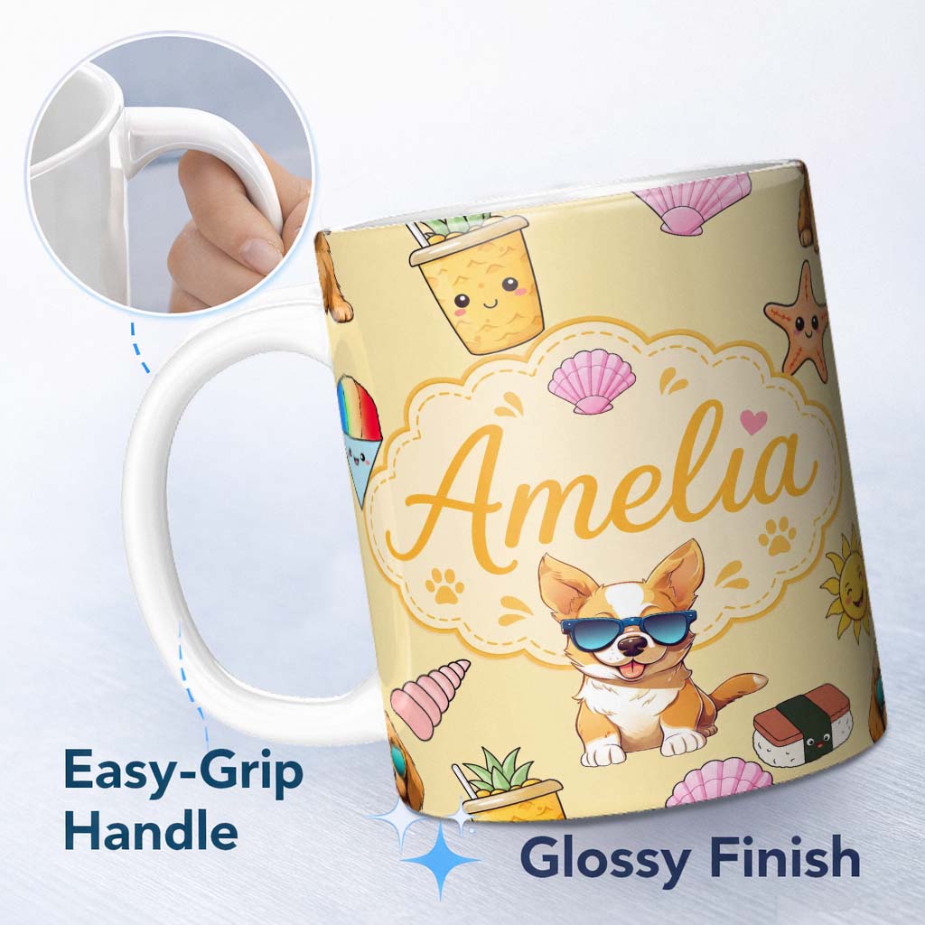 Personalized Custom Name Summer Chihuahua Dog Sunglasses Kawaii Beach Beige Seamless Pattern 11oz Ceramic Coffee Tea Mug White Large Handle