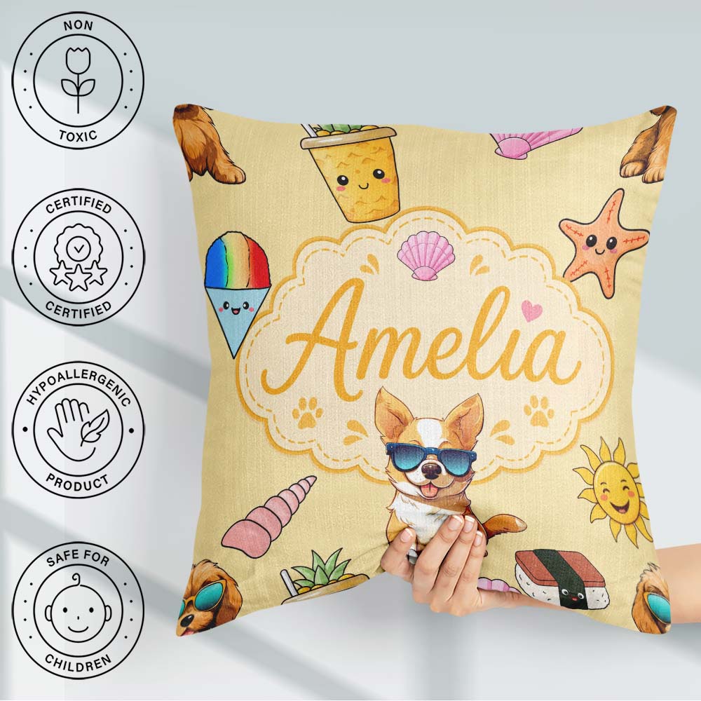 Custom Name Summer Chihuahua Dog Sunglasses Beach Beige Seamless Square Filled Cushion Throw Pillow Sofa Bed Home Decor Zip Washable UK Made