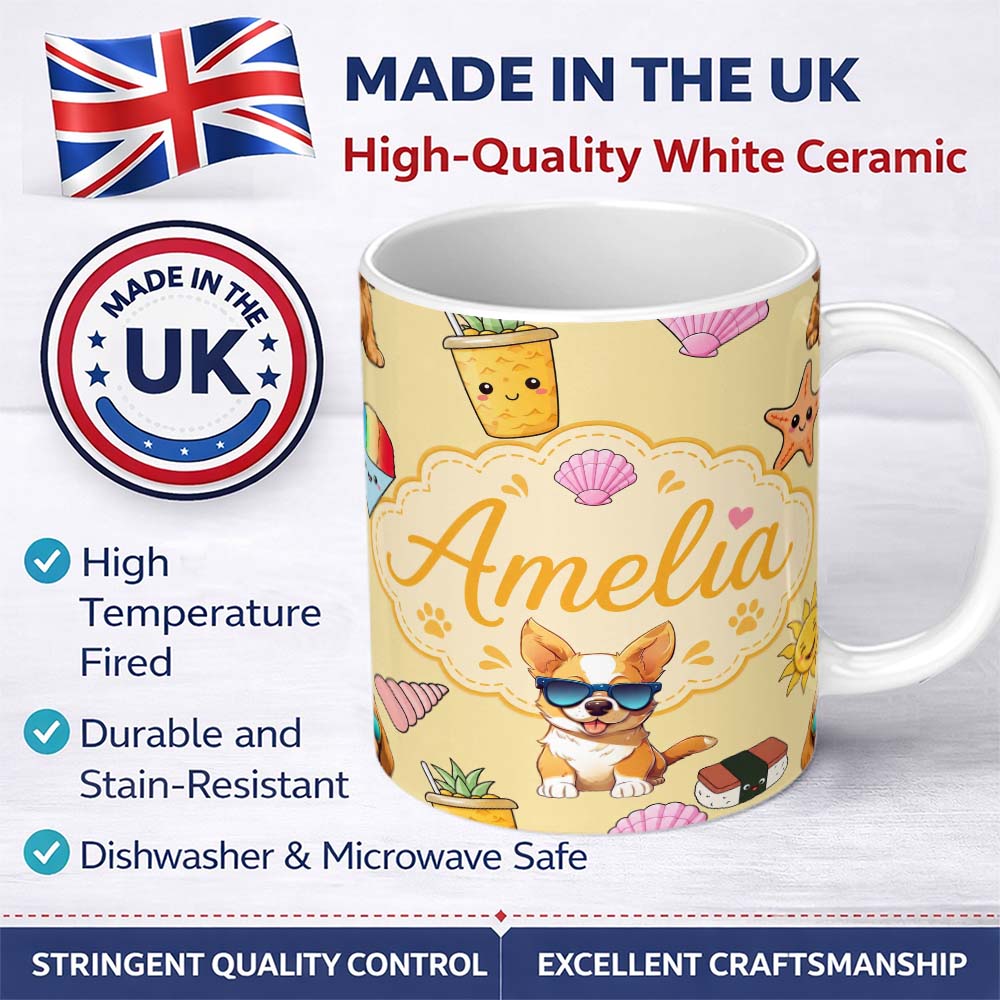 Personalized Custom Name Summer Chihuahua Dog Sunglasses Kawaii Beach Beige Seamless Pattern 11oz Ceramic Coffee Tea Mug White Large Handle