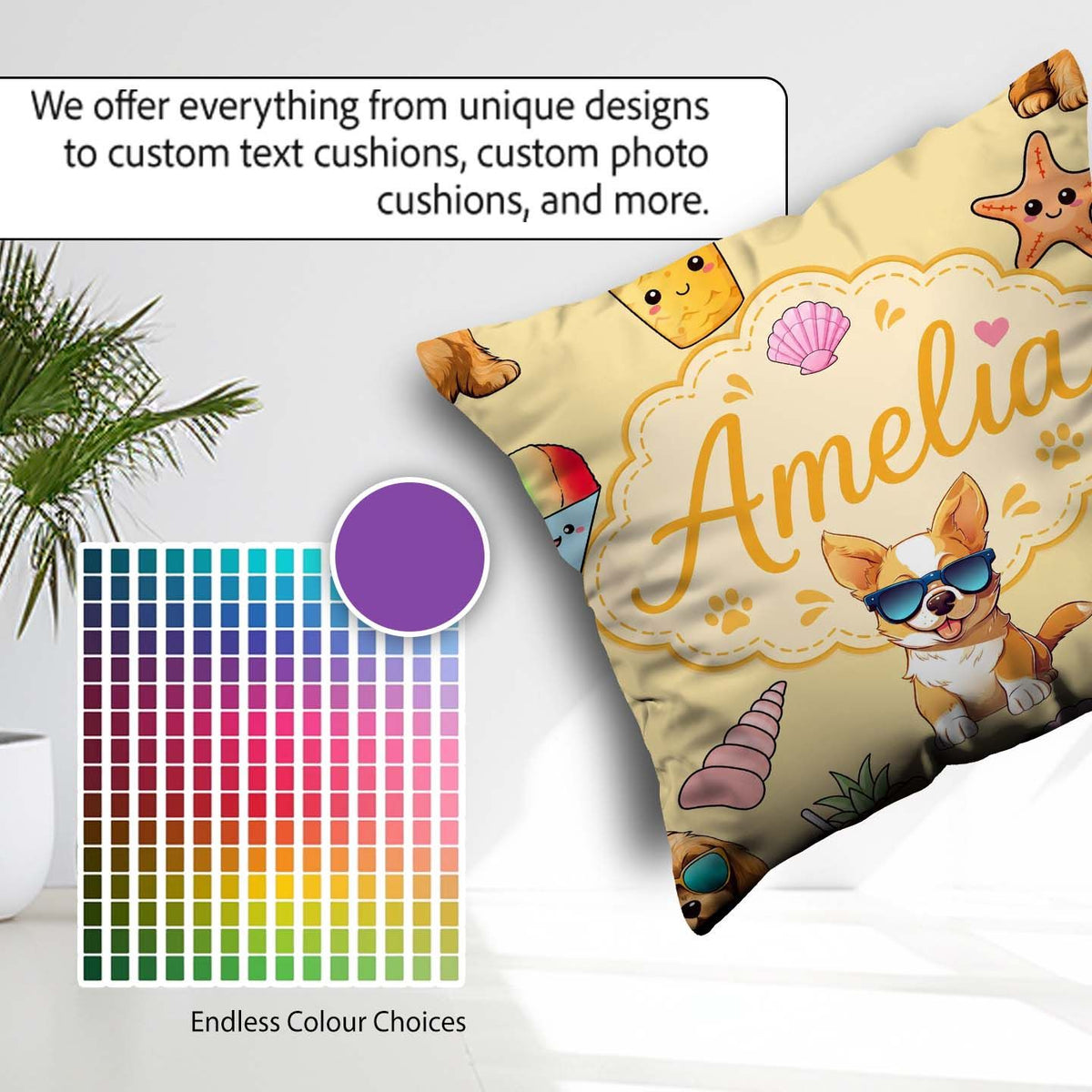 Custom Name Summer Chihuahua Dog Sunglasses Beach Beige Seamless Square Filled Cushion Throw Pillow Sofa Bed Home Decor Zip Washable UK Made