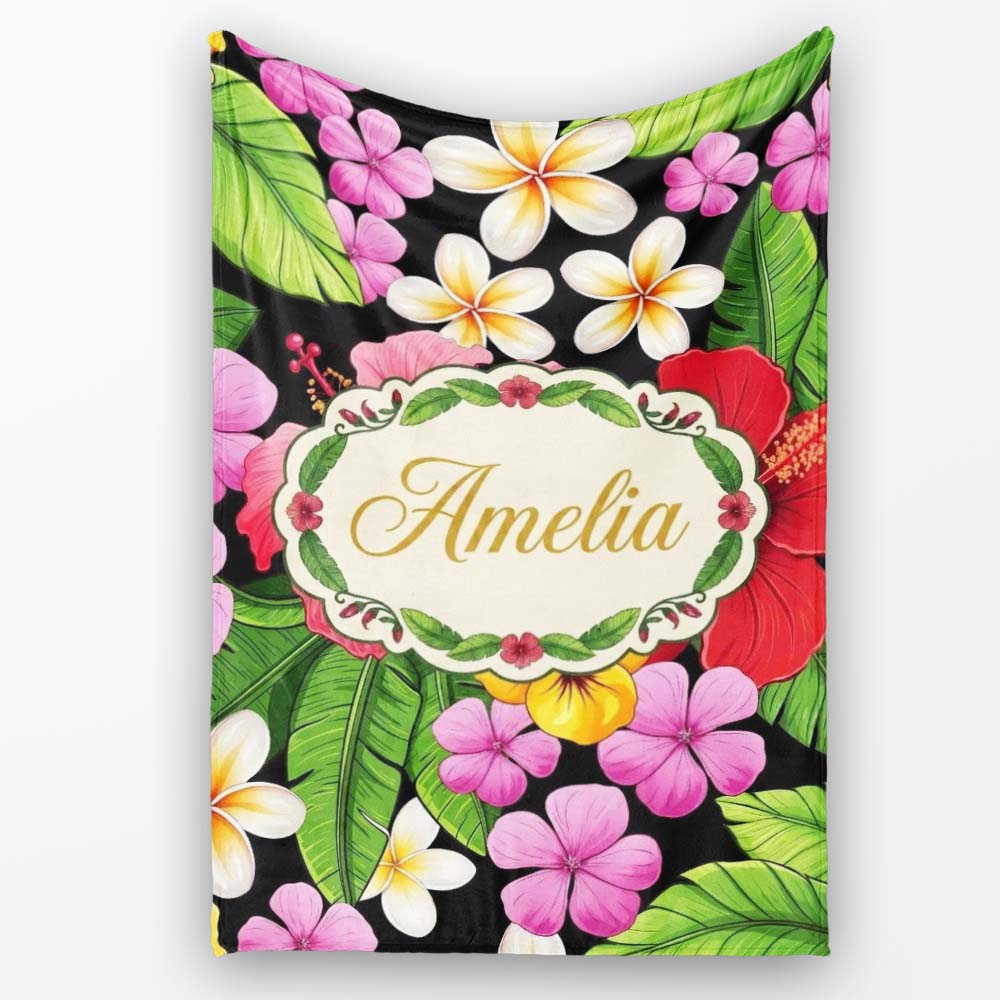 Tropical Hibiscus Flowers Plumeria Leaves Exotic Floral Seamless Personalised Custom Name Super Soft Fleece Blanket Bed Sofa Throw