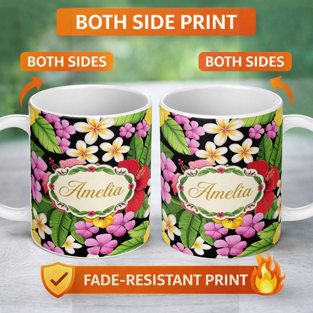 Personalized Custom Name Tropical Hibiscus Flowers Plumeria Leaves Exotic Floral Seamless 11oz Ceramic Coffee Tea Mug White Large Handle