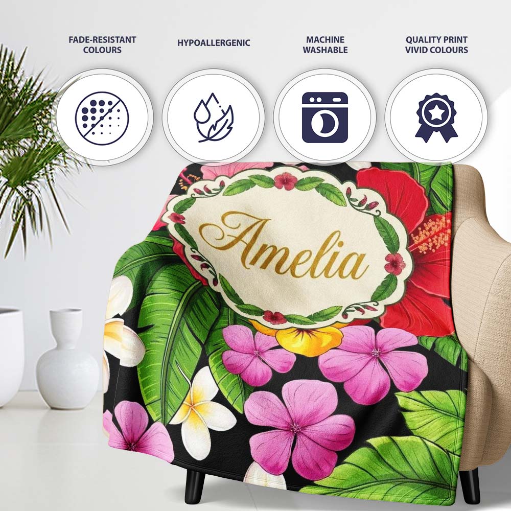 Tropical Hibiscus Flowers Plumeria Leaves Exotic Floral Seamless Personalised Custom Name Super Soft Fleece Blanket Bed Sofa Throw