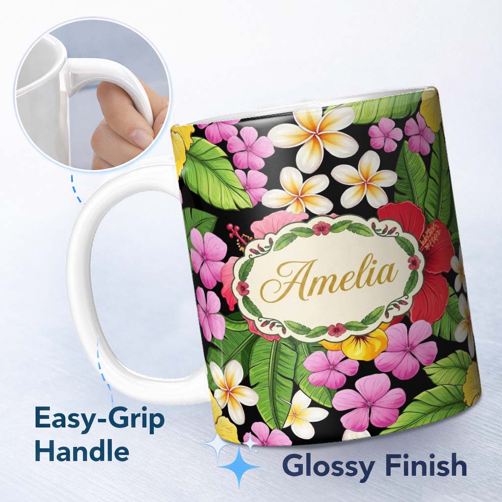 Personalized Custom Name Tropical Hibiscus Flowers Plumeria Leaves Exotic Floral Seamless 11oz Ceramic Coffee Tea Mug White Large Handle