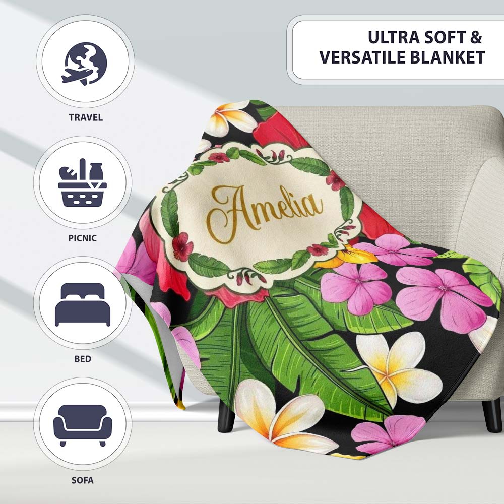 Tropical Hibiscus Flowers Plumeria Leaves Exotic Floral Seamless Personalised Custom Name Super Soft Fleece Blanket Bed Sofa Throw