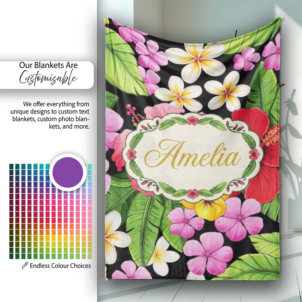 Tropical Hibiscus Flowers Plumeria Leaves Exotic Floral Seamless Personalised Custom Name Super Soft Fleece Blanket Bed Sofa Throw