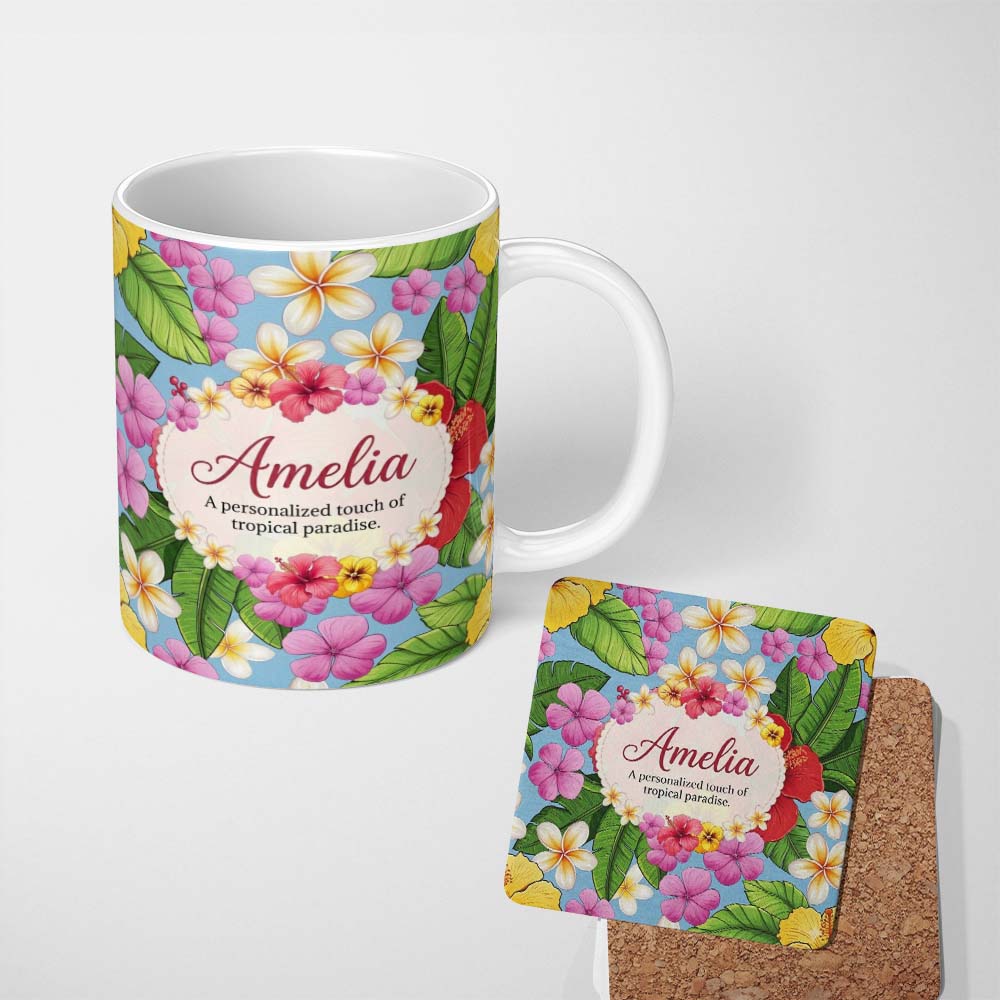Personalized Custom Name Tropical Hibiscus Flowers Plumeria Leaves Exotic Floral Blue 11oz Ceramic Coffee Tea Mug White Large Handle