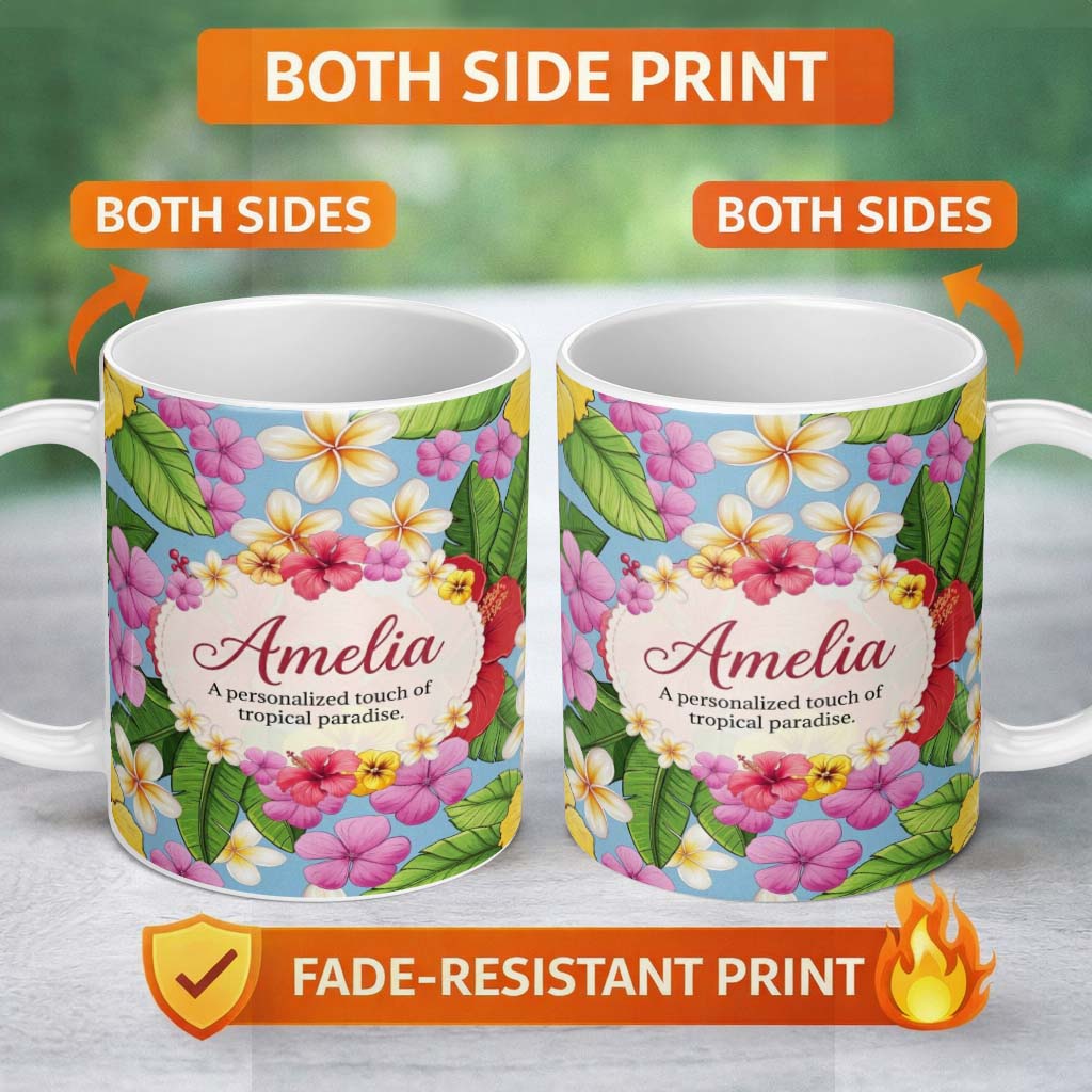 Personalized Custom Name Tropical Hibiscus Flowers Plumeria Leaves Exotic Floral Blue 11oz Ceramic Coffee Tea Mug White Large Handle