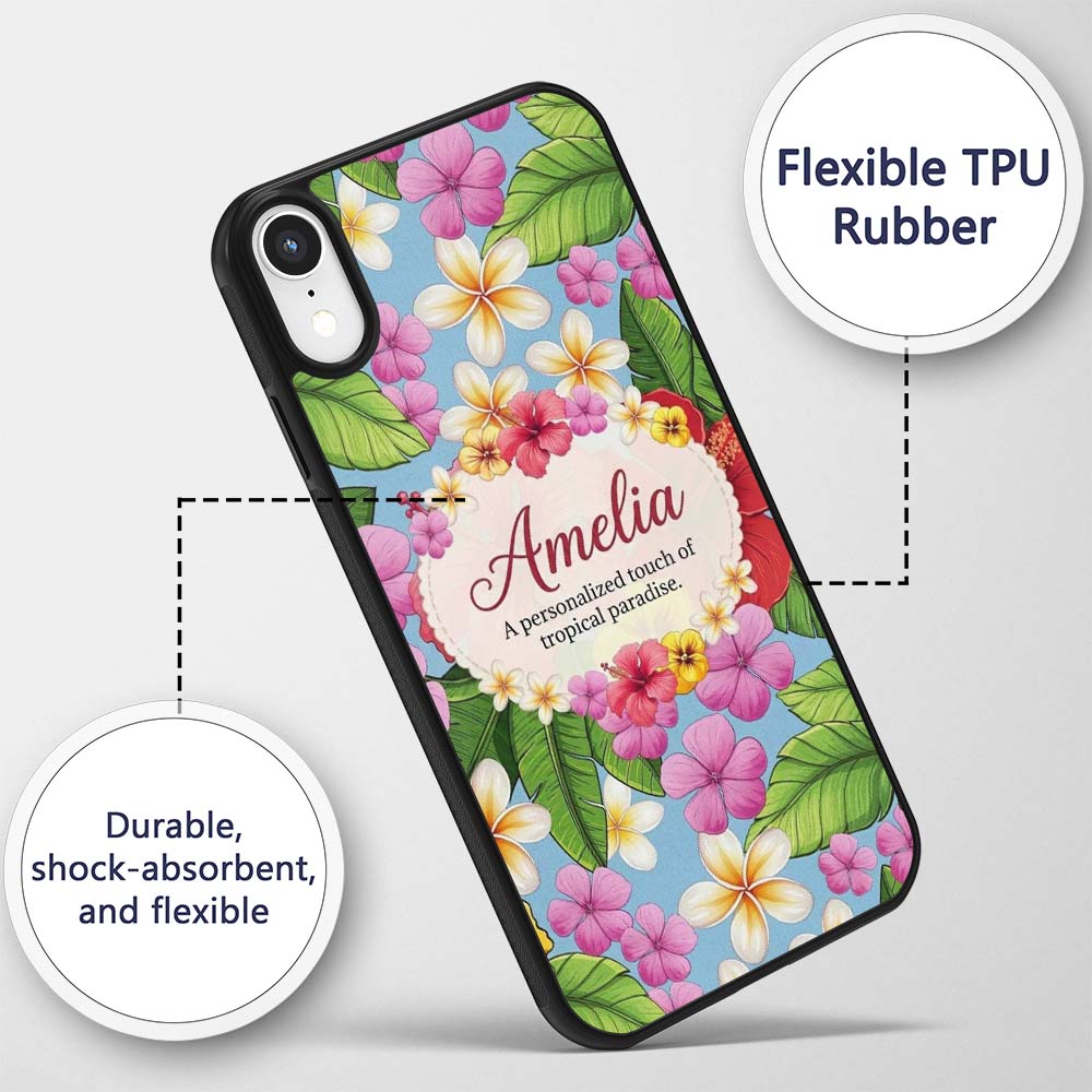 Tropical Hibiscus Flowers Plumeria Leaves Exotic Custom Name Protective Phone Case Mobile Cover Durable Everyday Smartphone Shock Resistant