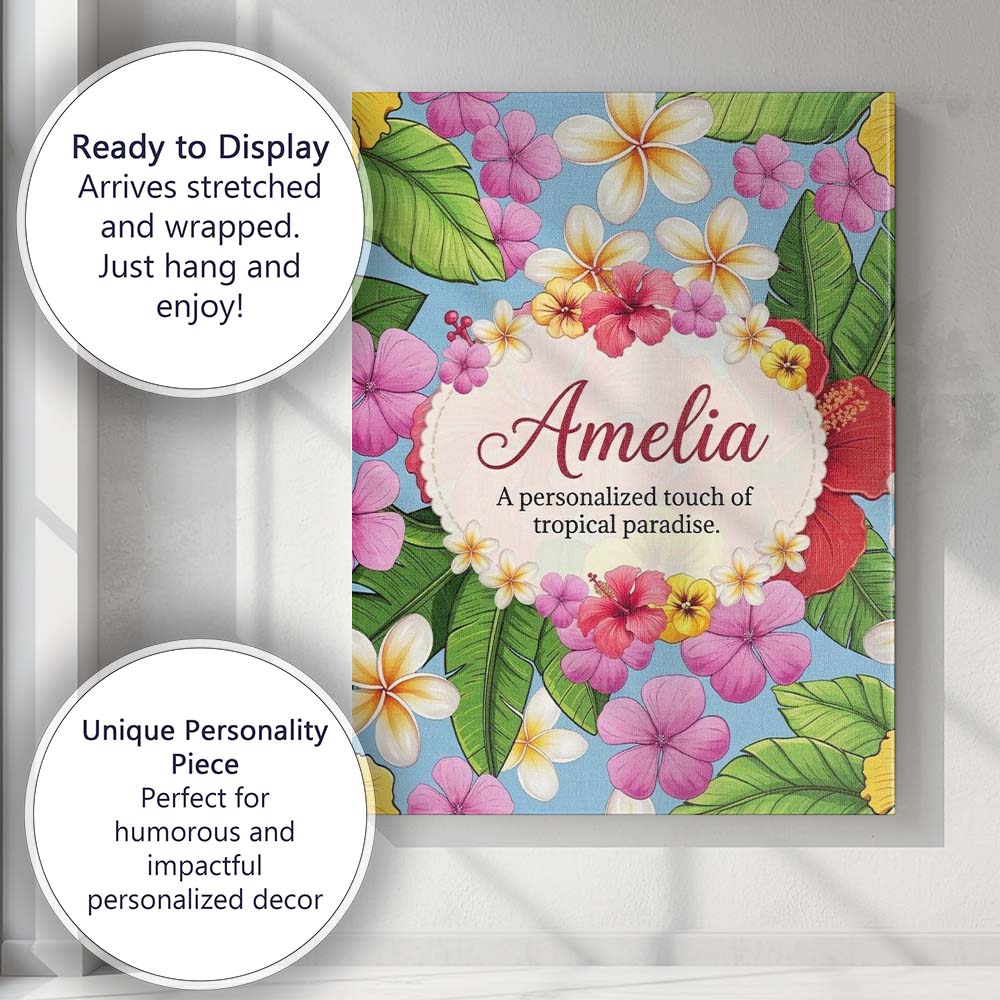 Personalised Name Tropical Hibiscus Flowers Custom Bespoke Interior Contemporary Canvas Wall Art Print Decor Picture Ready to Hang