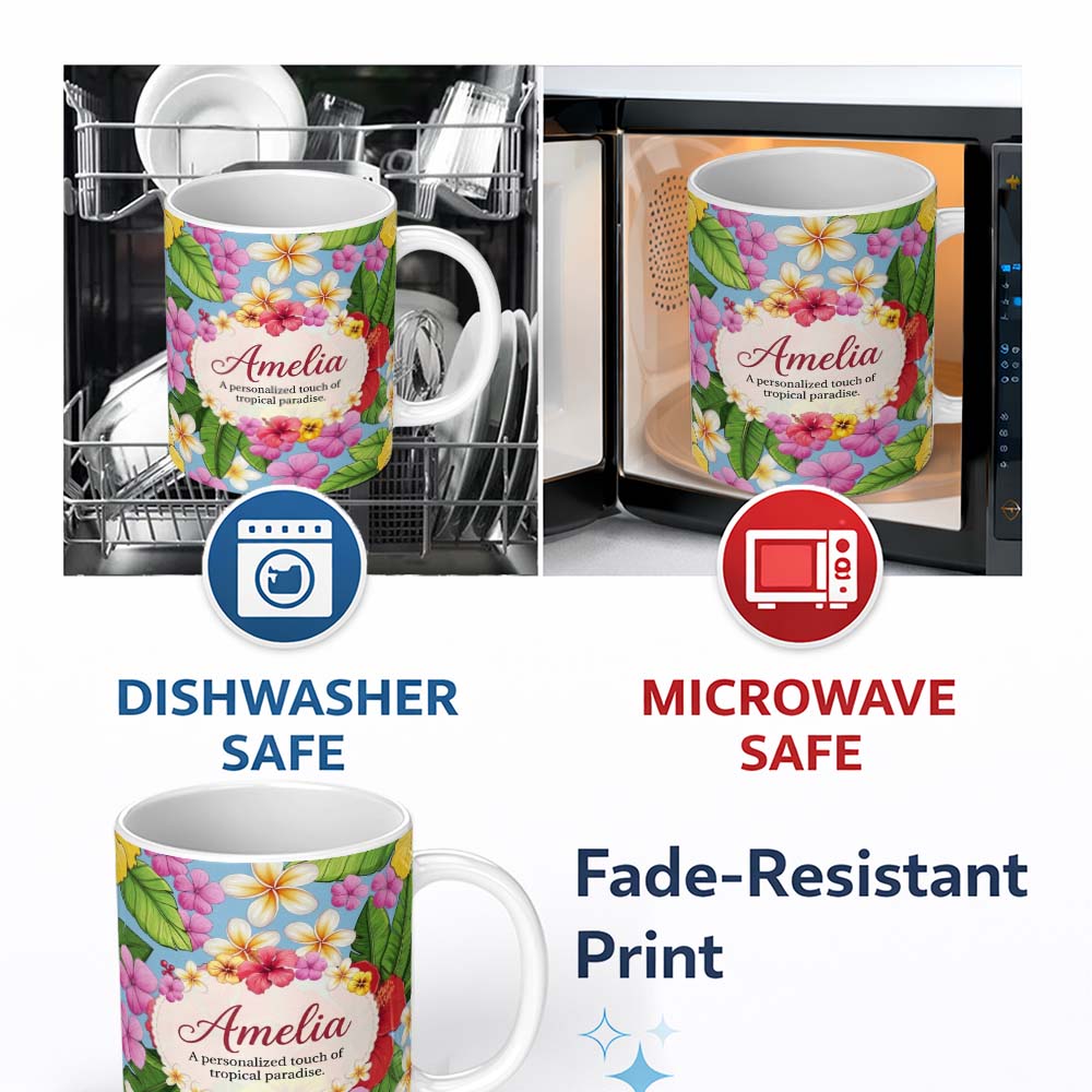 Personalized Custom Name Tropical Hibiscus Flowers Plumeria Leaves Exotic Floral Blue 11oz Ceramic Coffee Tea Mug White Large Handle