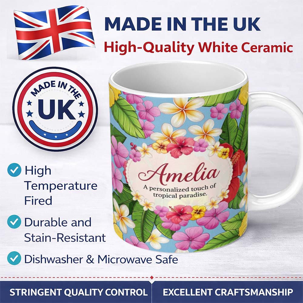 Personalized Custom Name Tropical Hibiscus Flowers Plumeria Leaves Exotic Floral Blue 11oz Ceramic Coffee Tea Mug White Large Handle