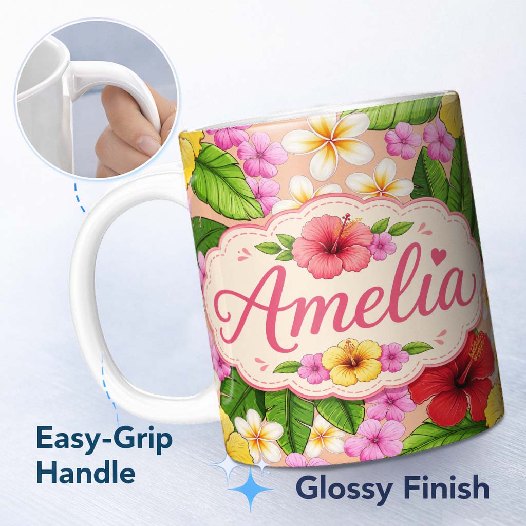 Personalized Custom Name Tropical Hibiscus Flowers Plumeria Leaves Exotic Floral Beige 11oz Ceramic Coffee Tea Mug White Large Handle