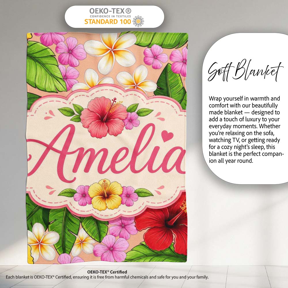 Tropical Hibiscus Flowers Plumeria Leaves Exotic Floral Beige Personalised Custom Name Super Soft Fleece Blanket Bed Sofa Throw