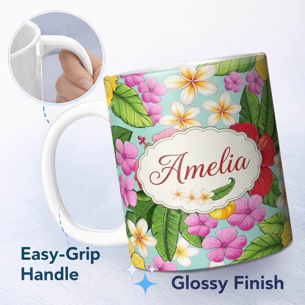 Personalized Custom Name Tropical Hibiscus Flowers Plumeria Leaves Exotic Floral Mint 11oz Ceramic Coffee Tea Mug White Large Handle