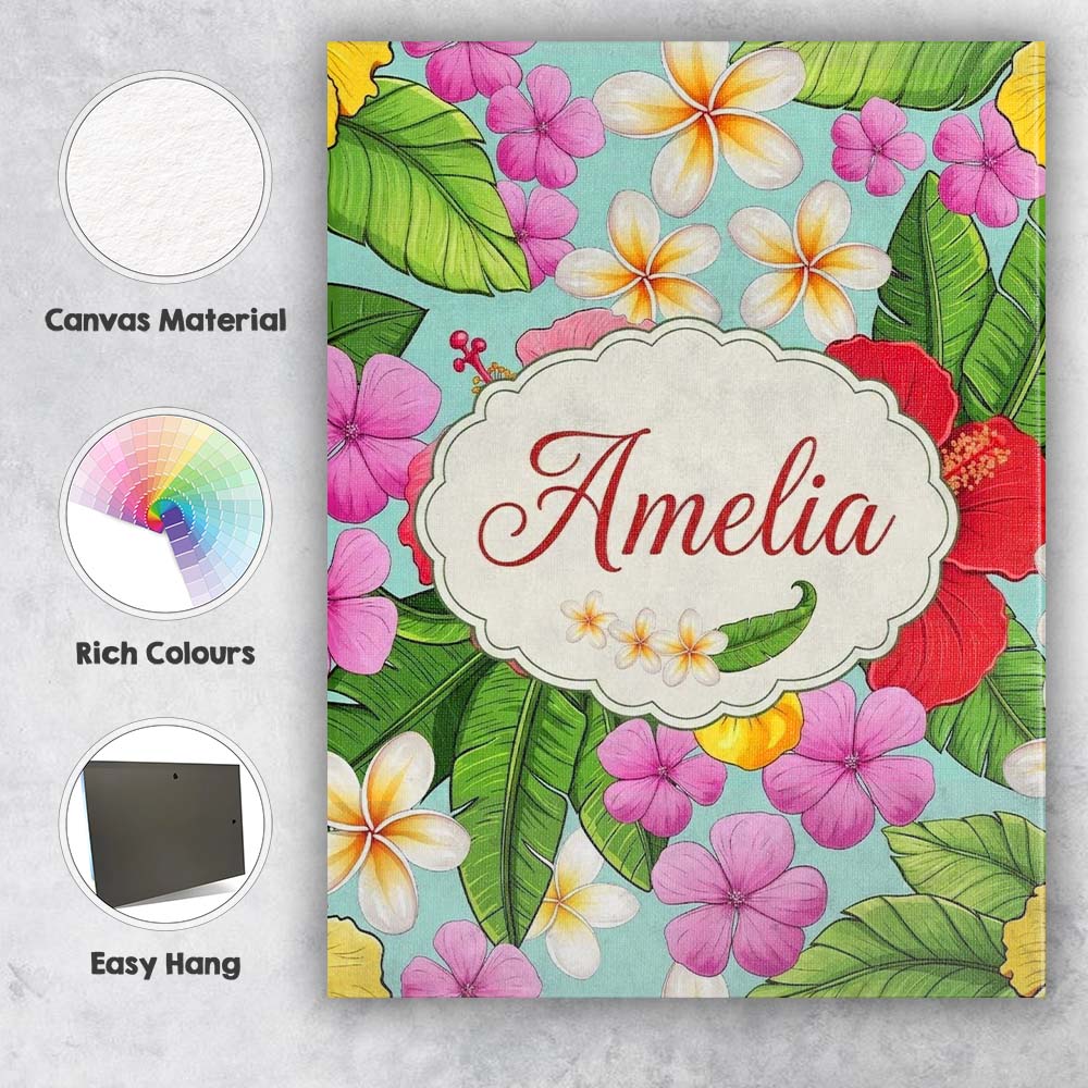Personalised Name Tropical Hibiscus Flowers Custom Bespoke Interior Contemporary Canvas Wall Art Print Decor Picture Ready to Hang