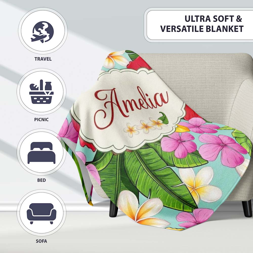 Tropical Hibiscus Flowers Plumeria Leaves Exotic Floral Mint Personalised Custom Name Super Soft Fleece Blanket Bed Sofa Throw