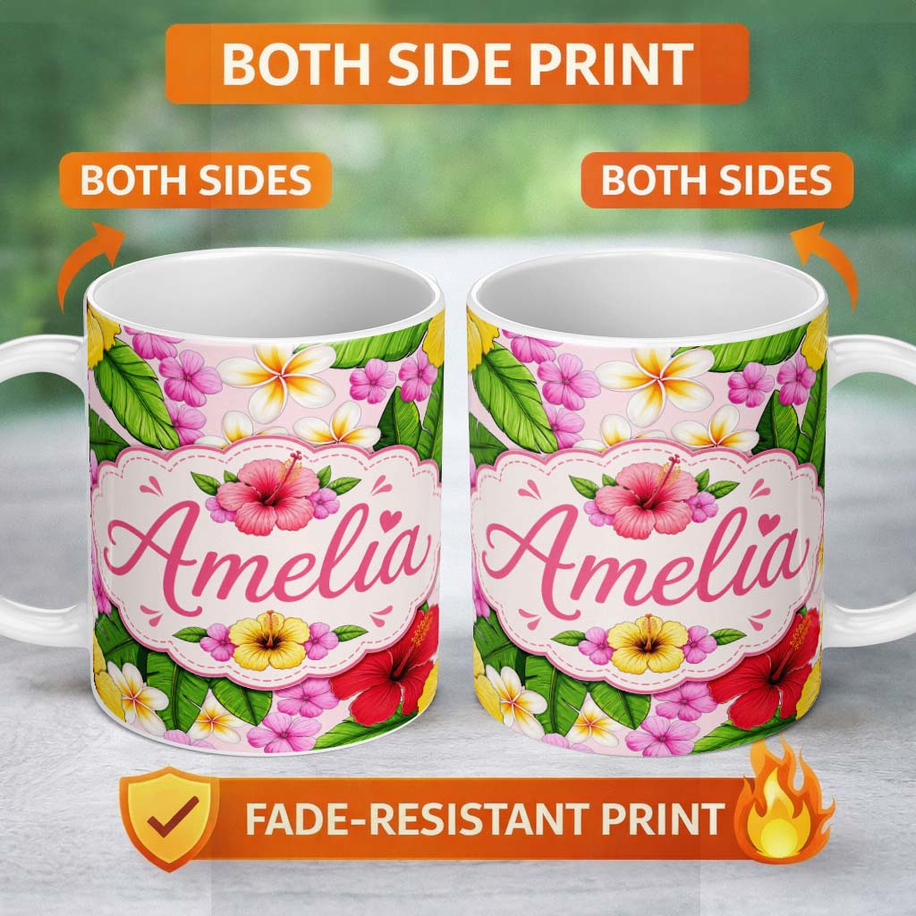 Personalized Custom Name Hibiscus Flowers Plumeria Leaves Exotic Floral Soft Pink Seamless 11oz Ceramic Coffee Tea Mug White Large Handle