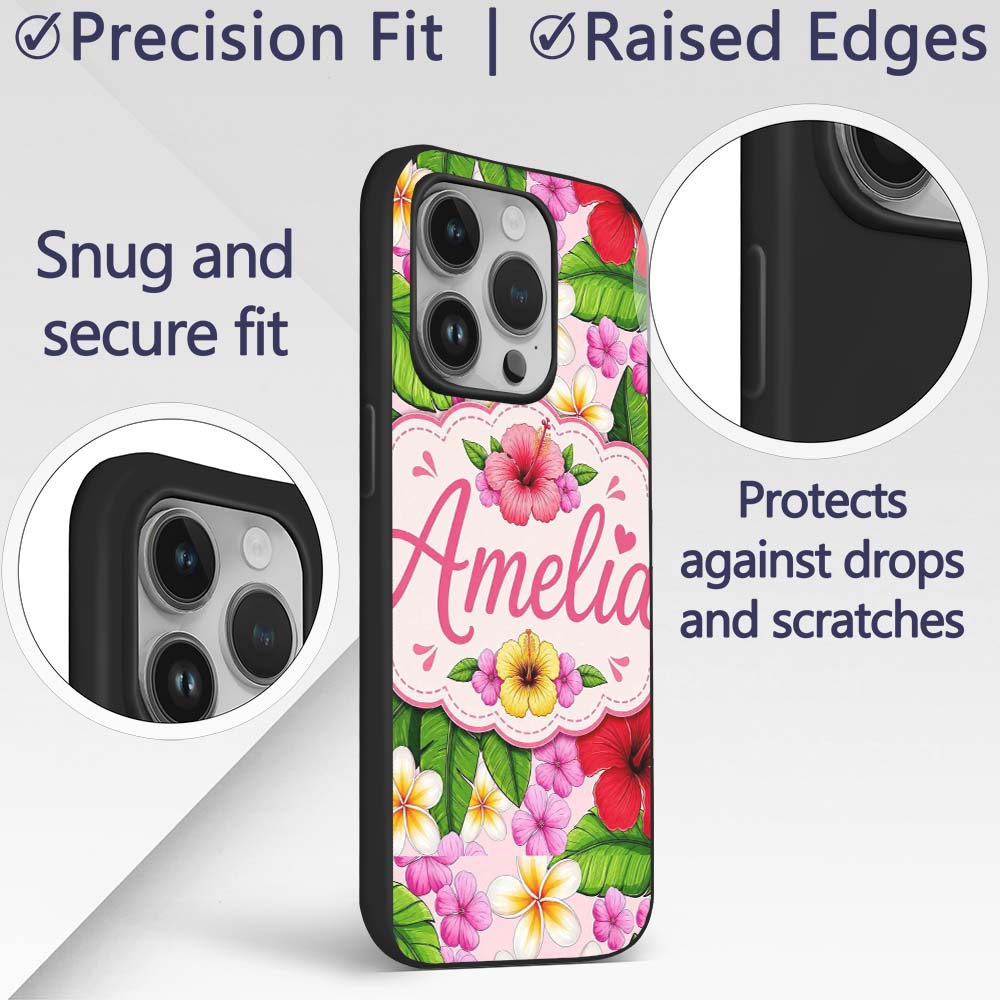Hibiscus Flowers Plumeria Leaves Exotic Floral Custom Name Protective Phone Case Mobile Cover Durable Everyday Smartphone Shock Resistant