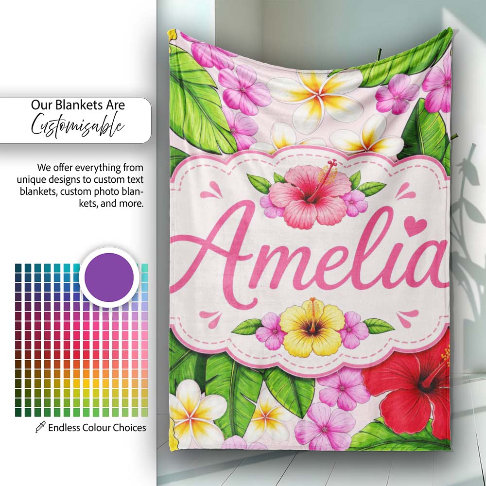 Hibiscus Flowers Plumeria Leaves Exotic Floral Soft Pink Seamless Personalised Custom Name Super Soft Fleece Blanket Bed Sofa Throw