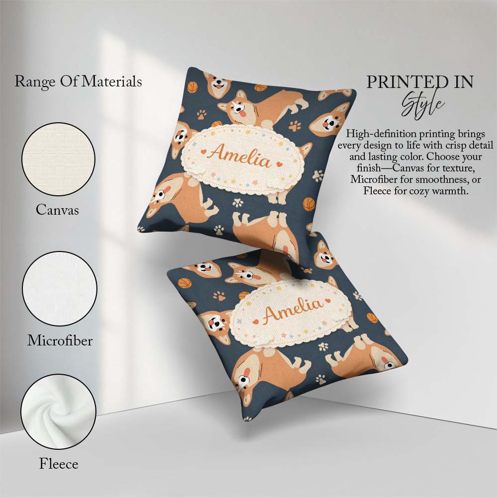 Custom Name Playful Corgi Dogs Seamless Pattern Stylish Everyday Square Filled Cushion Throw Pillow Sofa Bed Home Decor Zip Washable UK Made