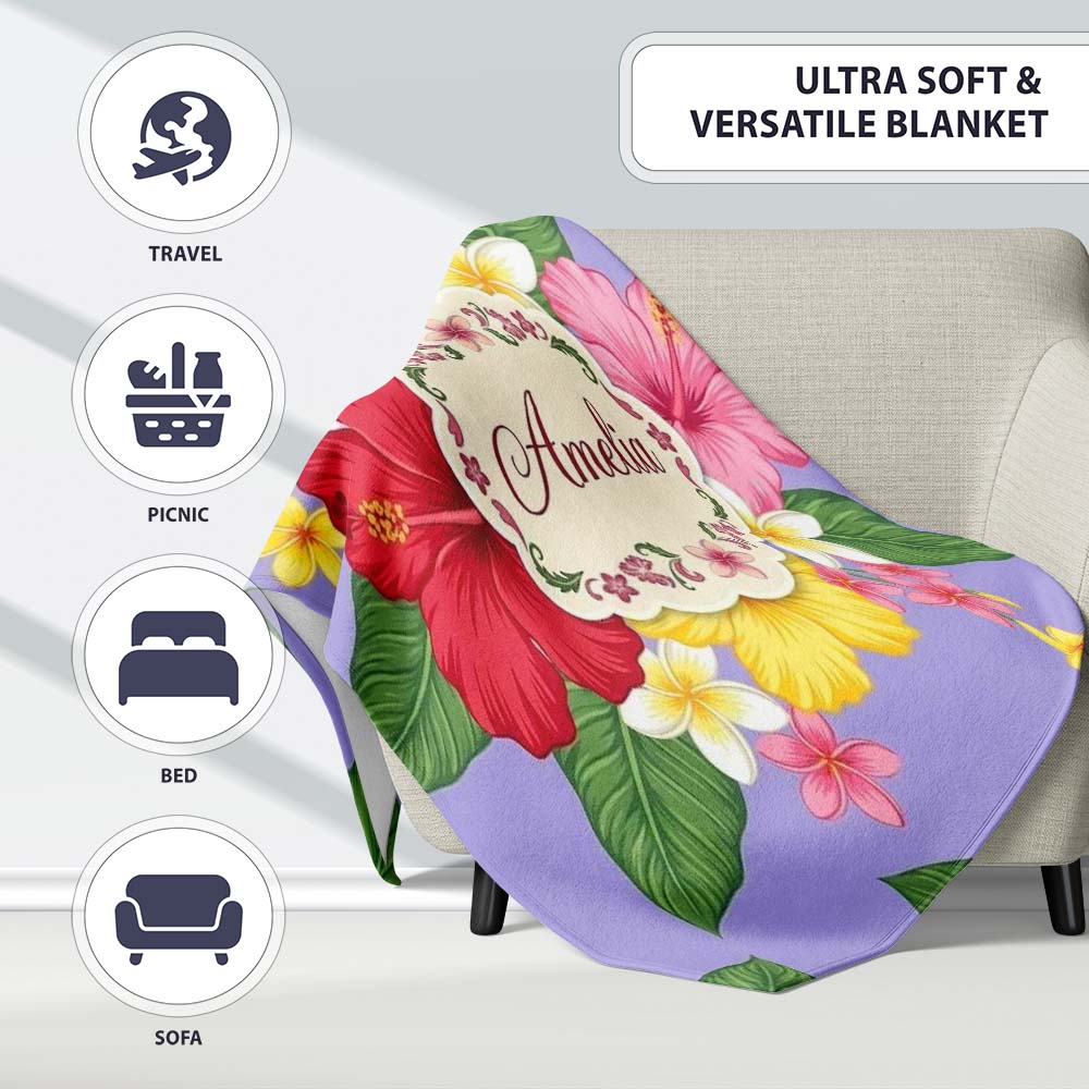 Hibiscus Flowers Plumeria Leaves Exotic Floral Lavender Seamless Personalised Custom Name Super Soft Fleece Blanket Bed Sofa Throw