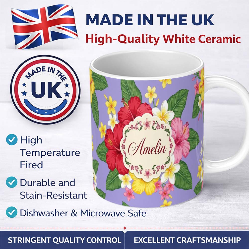 Personalized Custom Name Hibiscus Flowers Plumeria Leaves Exotic Floral Lavender Seamless 11oz Ceramic Coffee Tea Mug White Large Handle