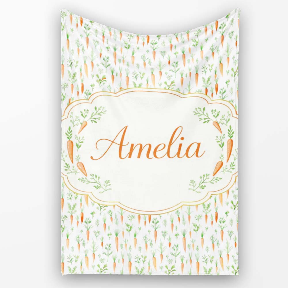 Watercolor Carrot and Herb Botanical Seamless Pattern Lovely Personalised Custom Name Super Soft Fleece Blanket Bed Sofa Throw