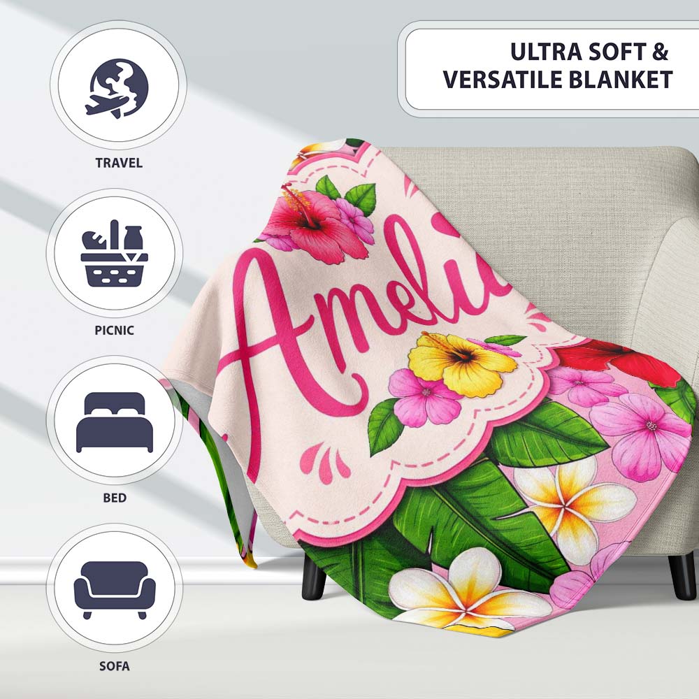 Hibiscus Flowers Plumeria Leaves Exotic Floral Blush Pink Seamless Personalised Custom Name Super Soft Fleece Blanket Bed Sofa Throw