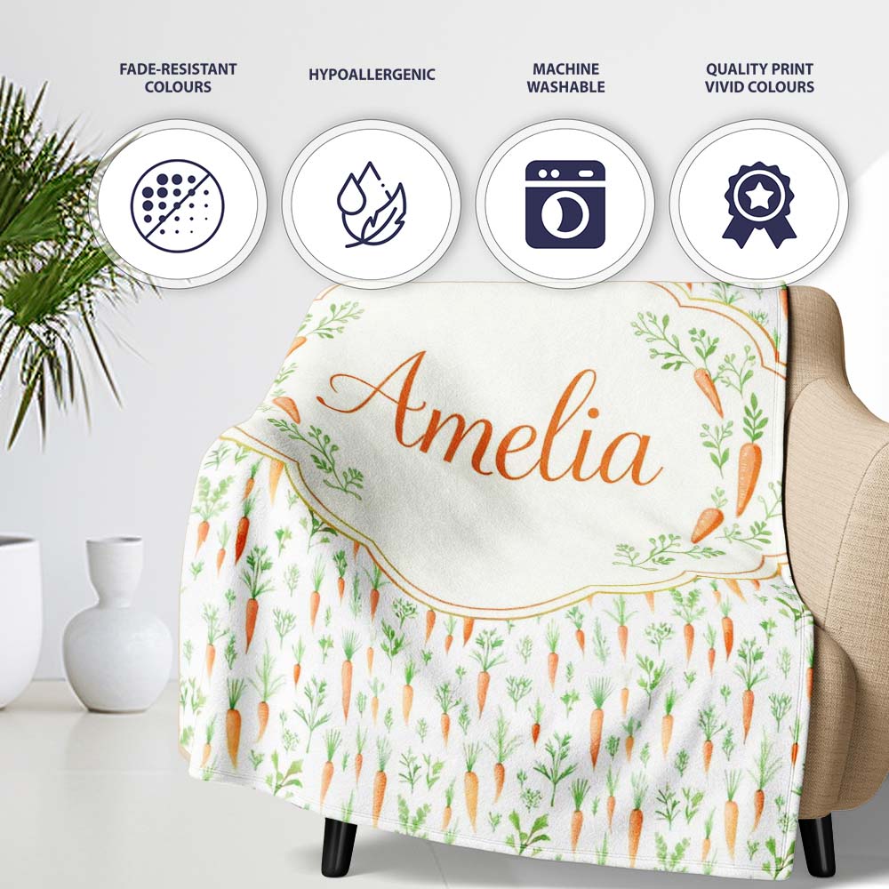 Watercolor Carrot and Herb Botanical Seamless Pattern Lovely Personalised Custom Name Super Soft Fleece Blanket Bed Sofa Throw