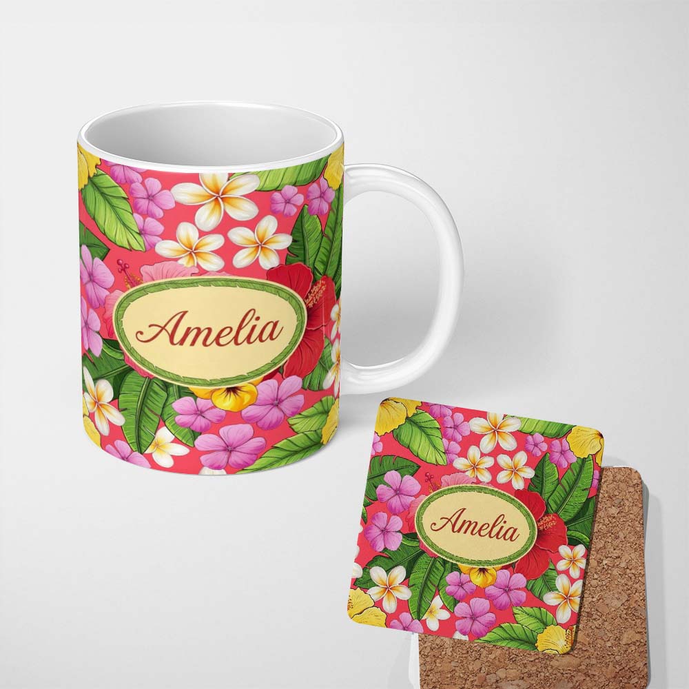 Personalized Custom Name Tropical Hibiscus Flowers Plumeria Leaves Exotic Floral Red 11oz Ceramic Coffee Tea Mug White Large Handle