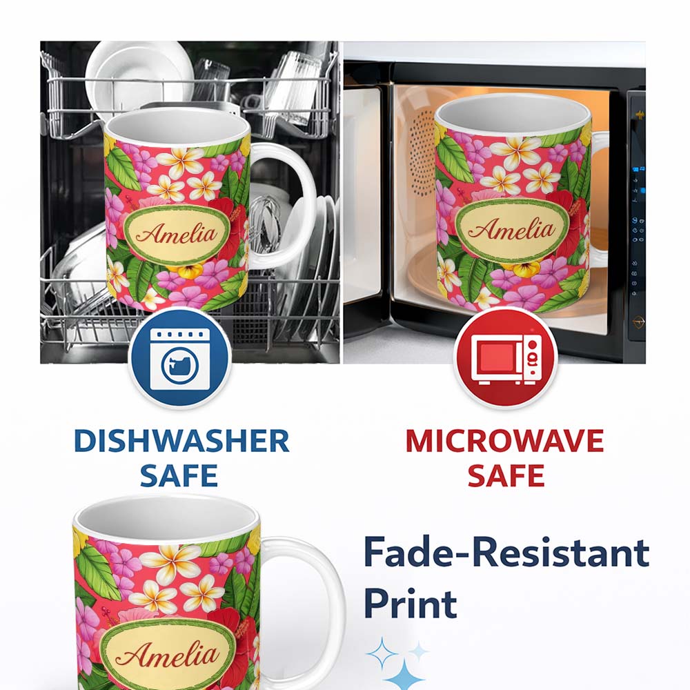 Personalized Custom Name Tropical Hibiscus Flowers Plumeria Leaves Exotic Floral Red 11oz Ceramic Coffee Tea Mug White Large Handle