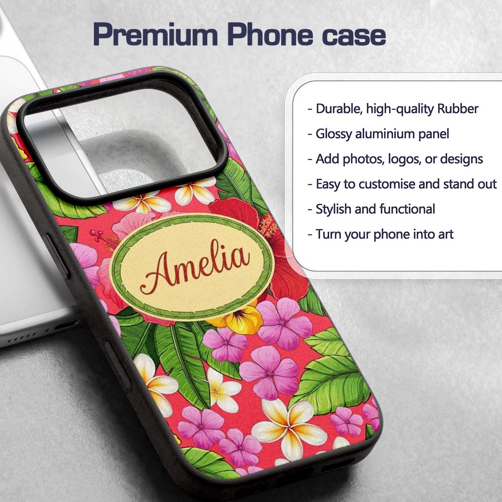 Tropical Hibiscus Flowers Plumeria Leaves Exotic Custom Name Protective Phone Case Mobile Cover Durable Everyday Smartphone Shock Resistant