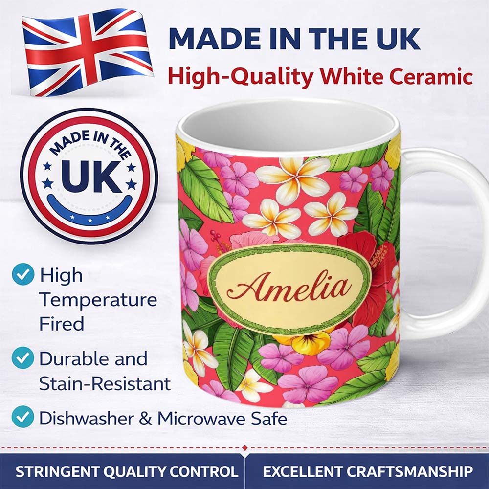 Personalized Custom Name Tropical Hibiscus Flowers Plumeria Leaves Exotic Floral Red 11oz Ceramic Coffee Tea Mug White Large Handle