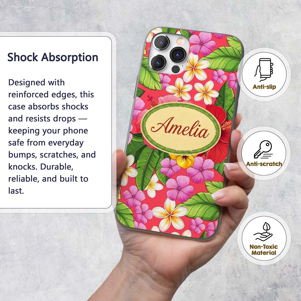 Tropical Hibiscus Flowers Plumeria Leaves Exotic Custom Name Protective Phone Case Mobile Cover Durable Everyday Smartphone Shock Resistant