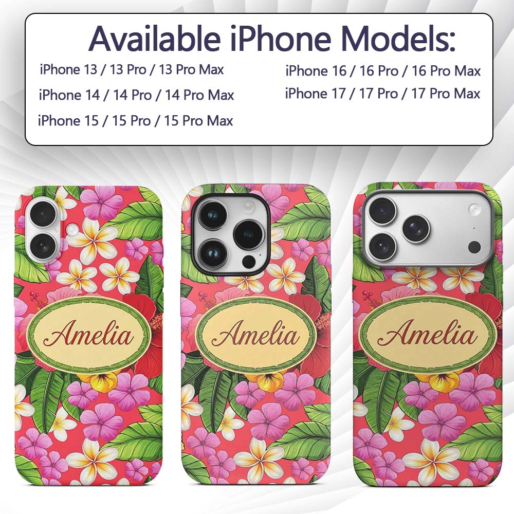 Tropical Hibiscus Flowers Plumeria Leaves Exotic Custom Name Protective Phone Case Mobile Cover Durable Everyday Smartphone Shock Resistant