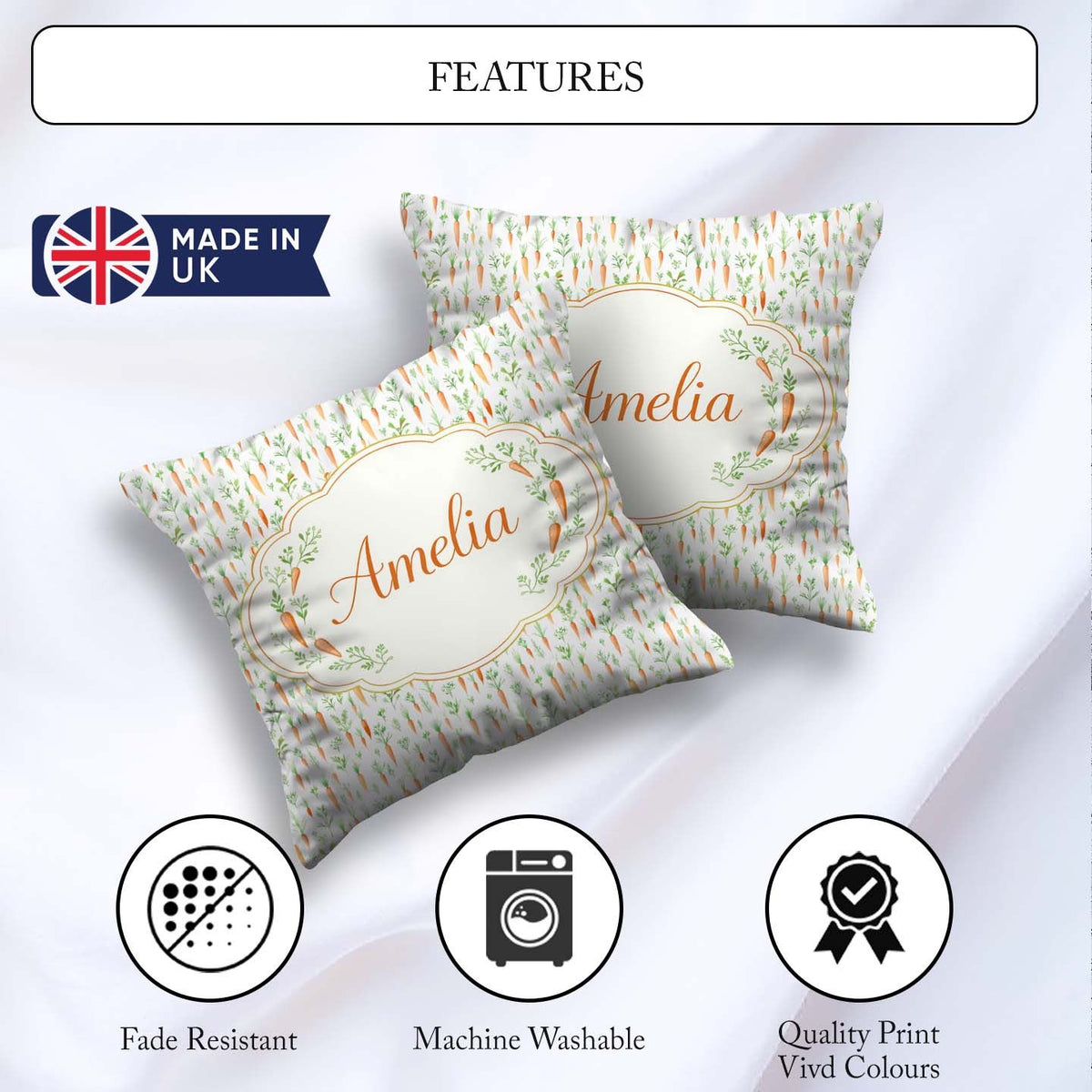 Custom Name Watercolor Carrot and Herb Botanical Seamless Lovely Square Filled Cushion Throw Pillow Sofa Bed Home Decor Zip Washable UK Made