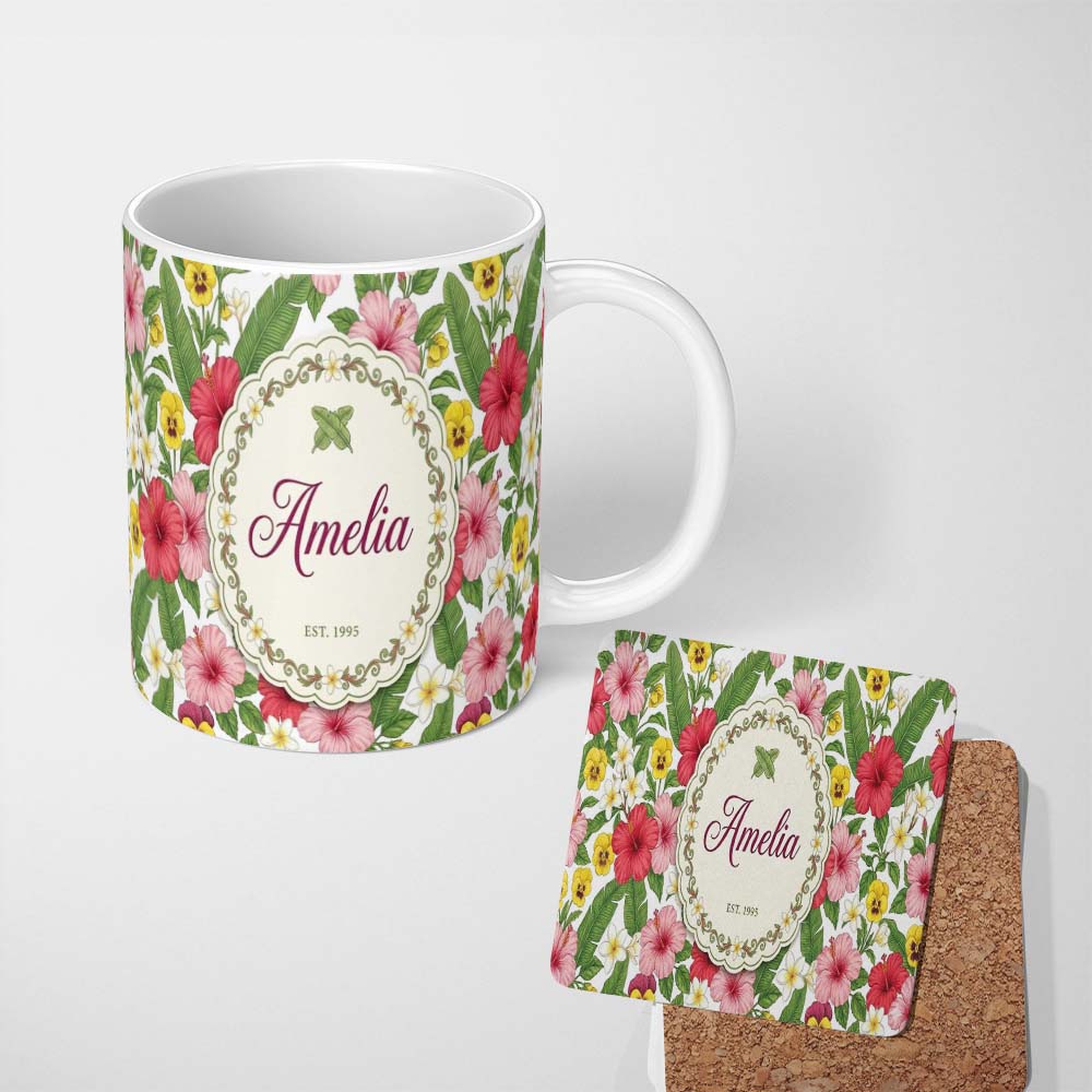 Personalized Custom Name Tropical Hibiscus Flowers Plumeria Leaves Exotic Floral White 11oz Ceramic Coffee Tea Mug White Large Handle