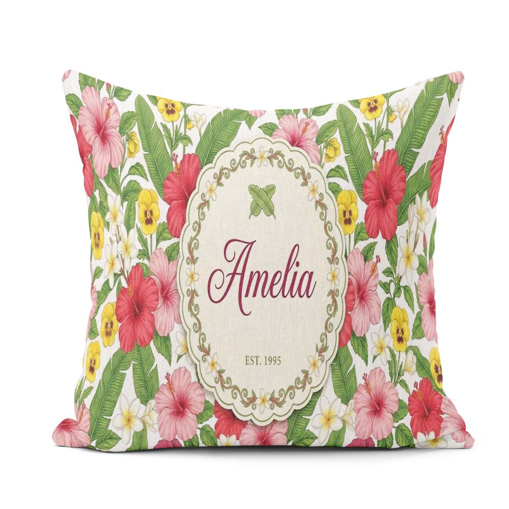 Custom Name Tropical Hibiscus Flowers Leaves Exotic Floral White Square Filled Cushion Throw Pillow Sofa Bed Home Decor Zip Washable UK Made