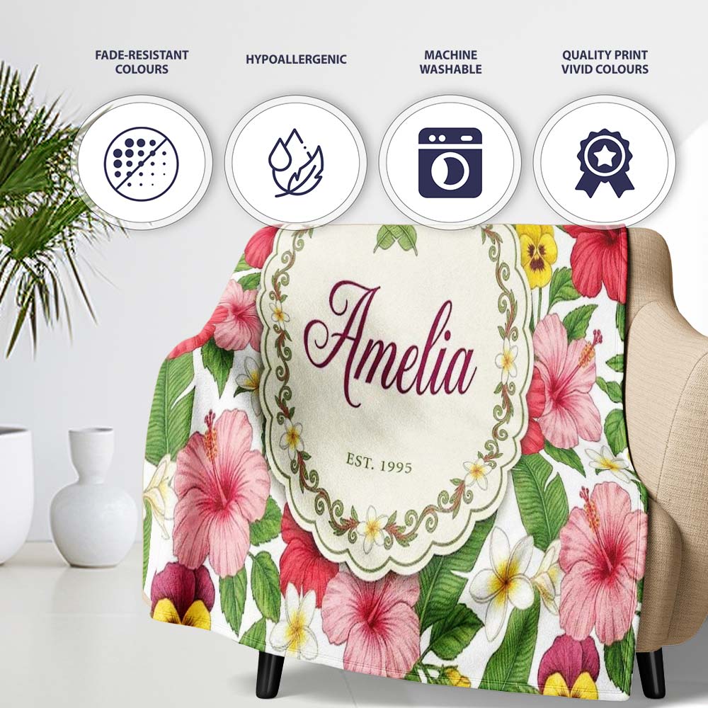 Tropical Hibiscus Flowers Plumeria Leaves Exotic Floral White Personalised Custom Name Super Soft Fleece Blanket Bed Sofa Throw