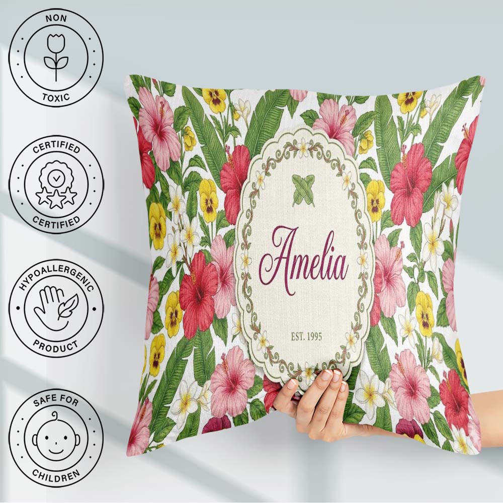 Custom Name Tropical Hibiscus Flowers Leaves Exotic Floral White Square Filled Cushion Throw Pillow Sofa Bed Home Decor Zip Washable UK Made
