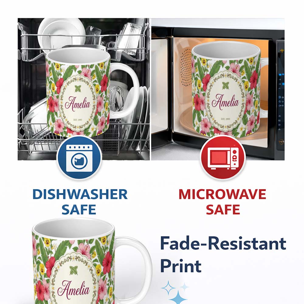 Personalized Custom Name Tropical Hibiscus Flowers Plumeria Leaves Exotic Floral White 11oz Ceramic Coffee Tea Mug White Large Handle