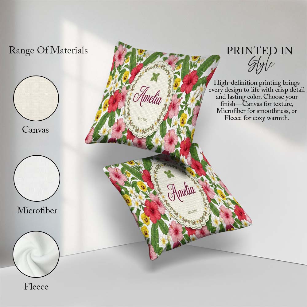 Custom Name Tropical Hibiscus Flowers Leaves Exotic Floral White Square Filled Cushion Throw Pillow Sofa Bed Home Decor Zip Washable UK Made