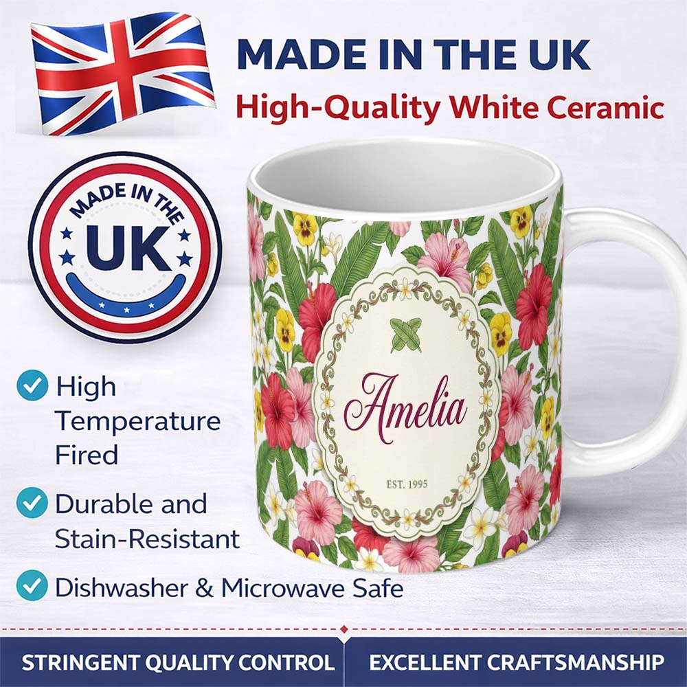 Personalized Custom Name Tropical Hibiscus Flowers Plumeria Leaves Exotic Floral White 11oz Ceramic Coffee Tea Mug White Large Handle